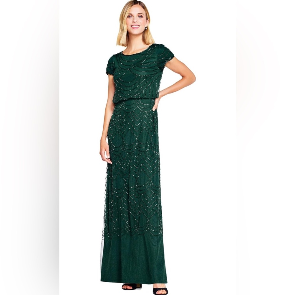 Adrianna Papell, Short Sleeve Beaded Gown, size 16, worn once, emerald green.